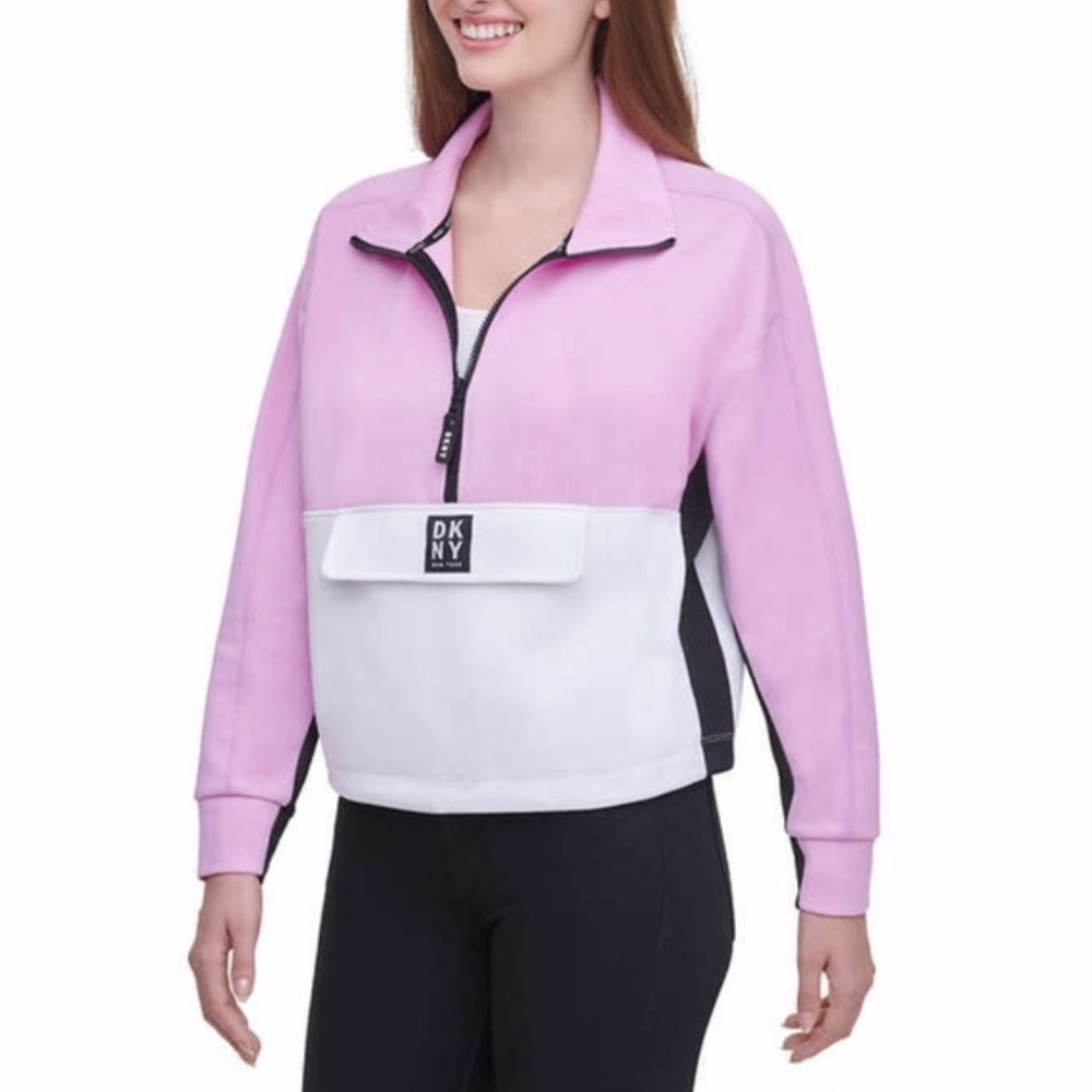 New Womens DKNY 1/2 Zip Colorblock Pullover Sweat Shirt Pink Medium NWT